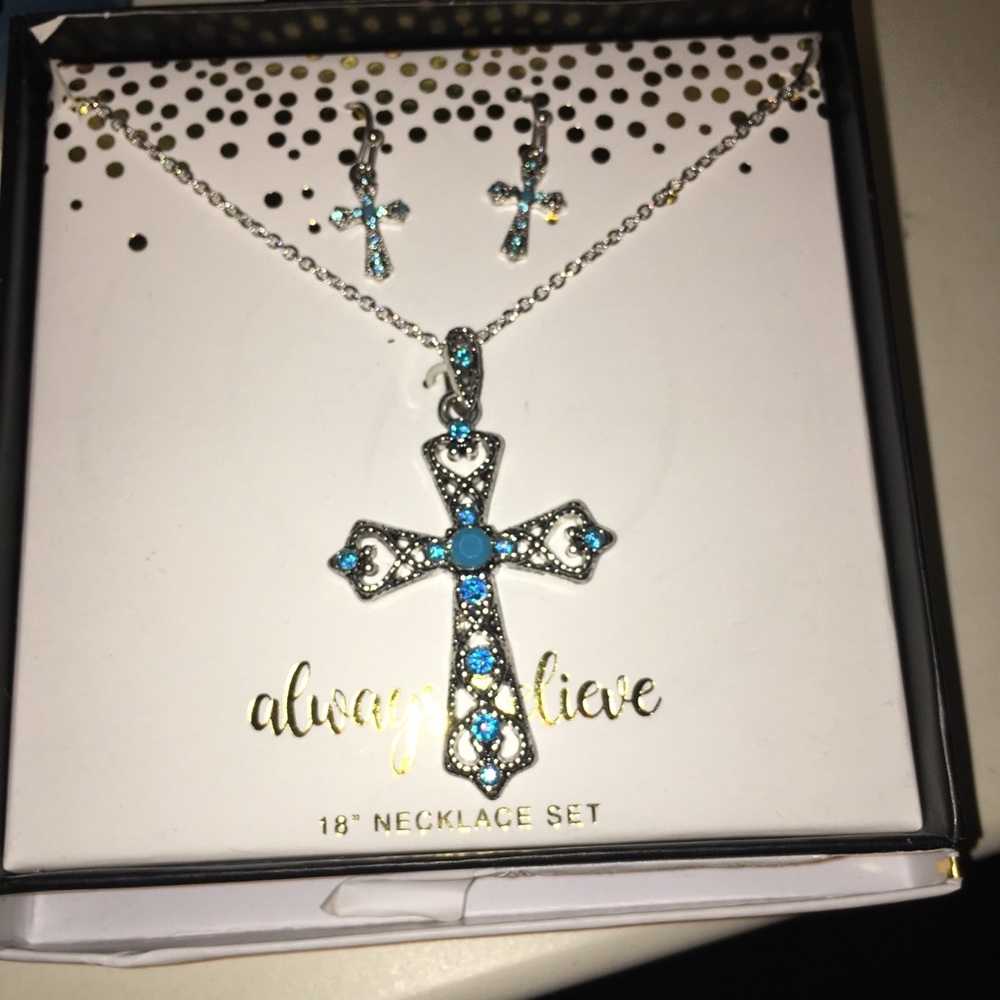 18 inch blue cross necklace & earring set